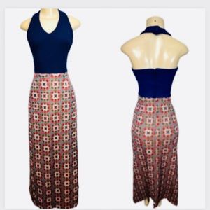 Tony Todd Dress Vintage Long Maxi Halter Dress Blue Red Print Size XS